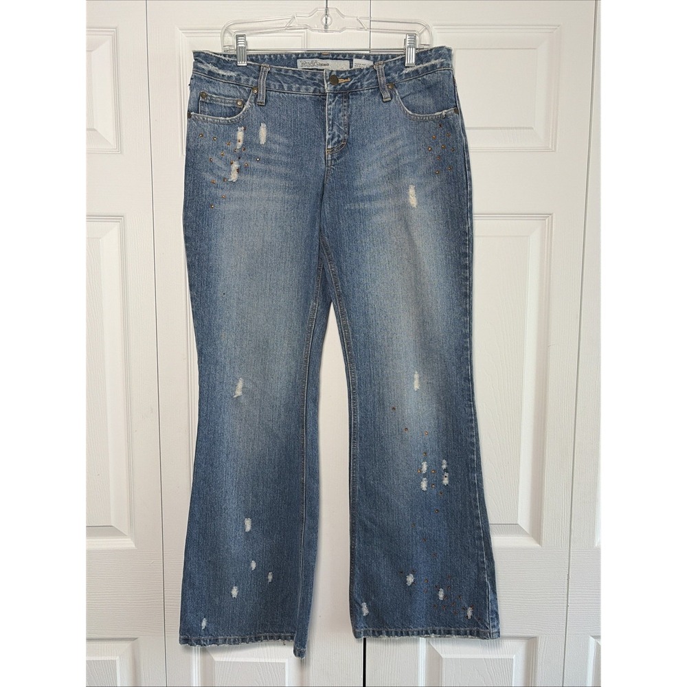 Mudd Flare Leg Jeans Womens Size 13 Blue Distressed Studded Y2K Vintage Denim